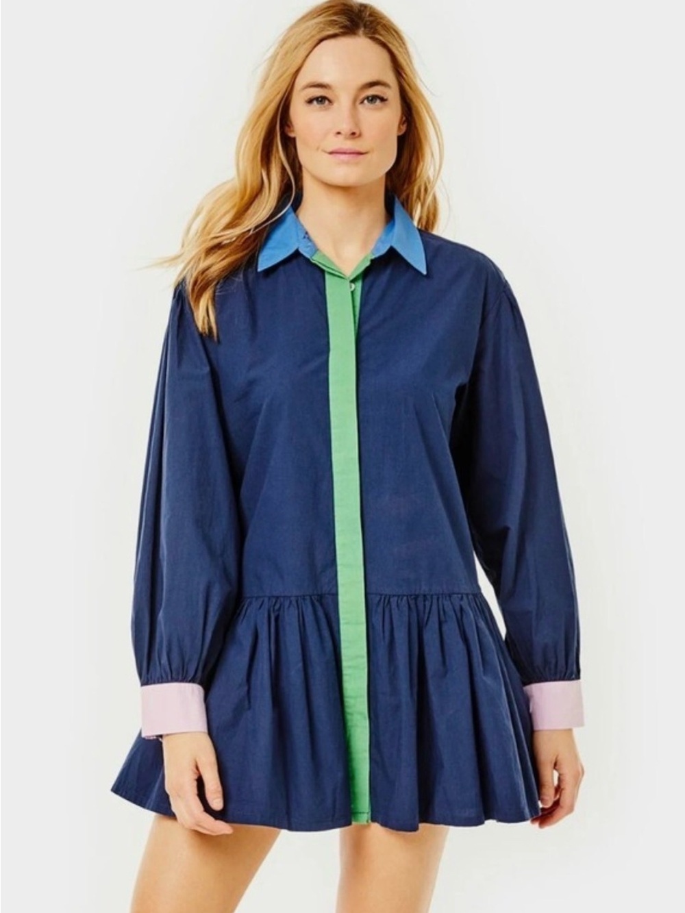 Addison Bay Lane Colorblock Poplin Mini Shirt Dress Navy Green Pink Size L